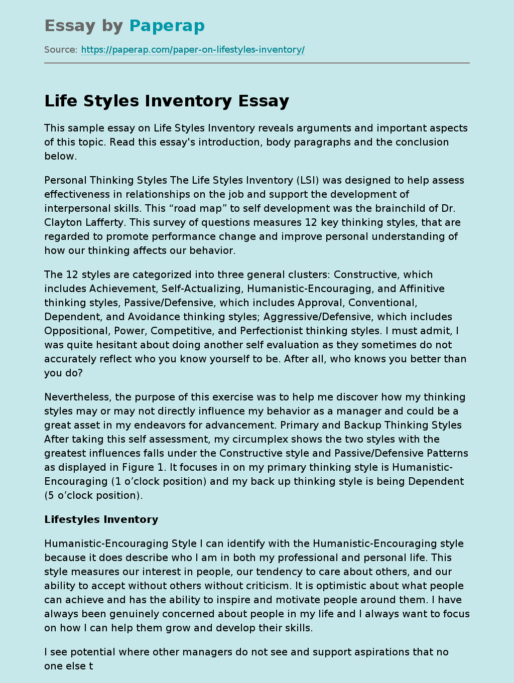 Essay on Lifestyle Inventory