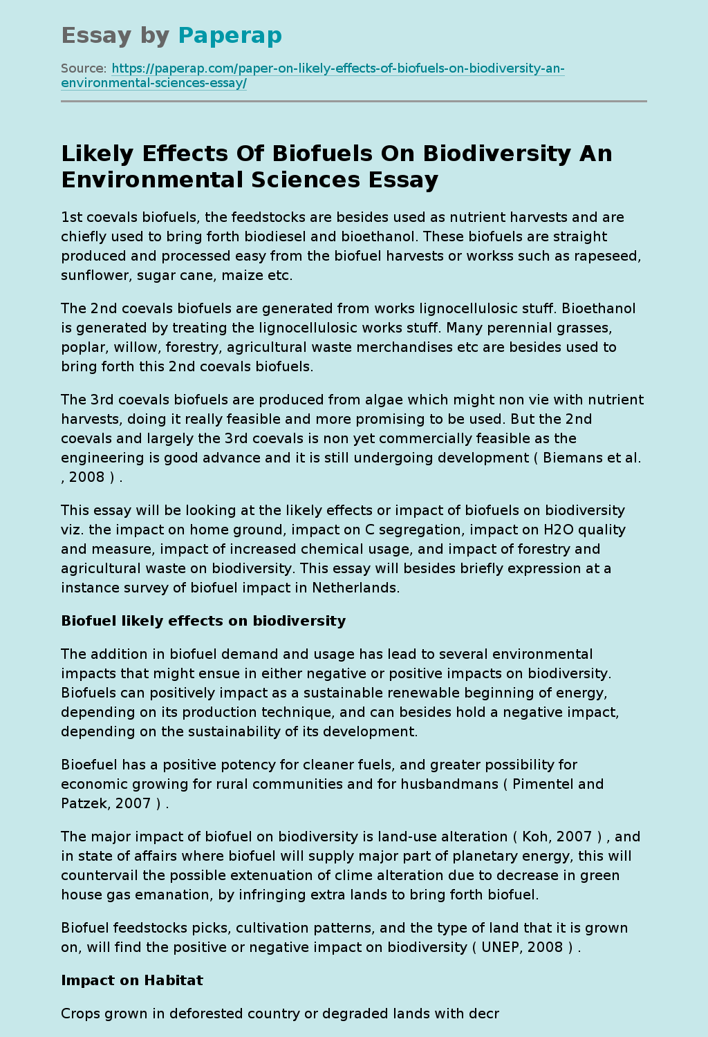 Likely Effects Of Biofuels On Biodiversity An Environmental Sciences