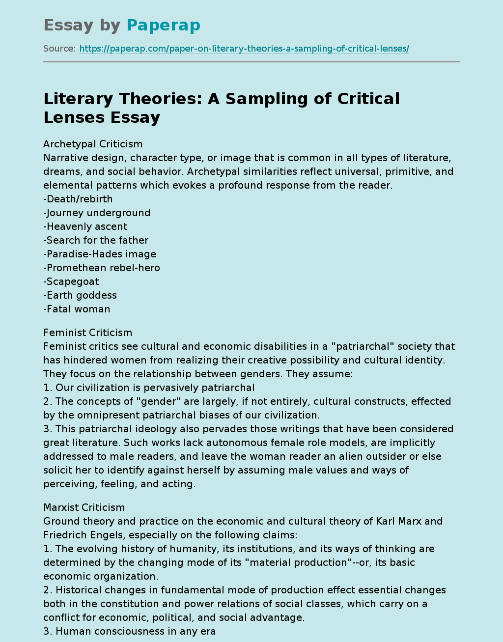 Literary Theories: A Sampling of Critical Lenses
