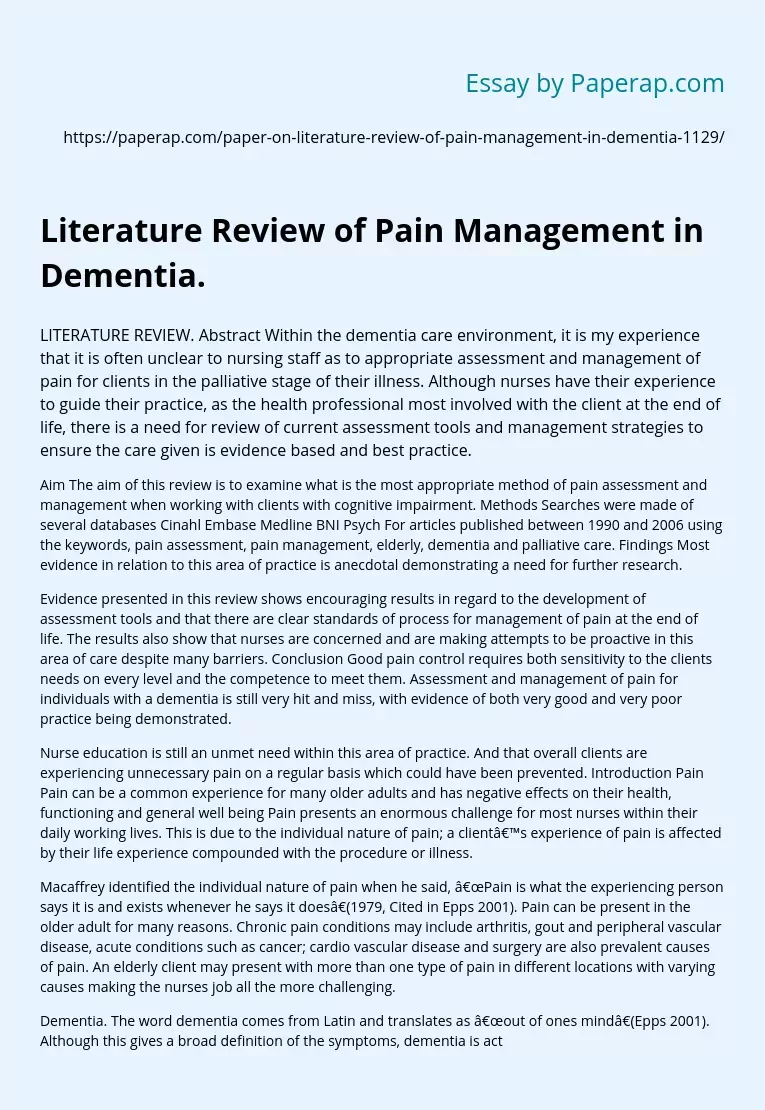 Literature Review of Pain Management in Dementia.