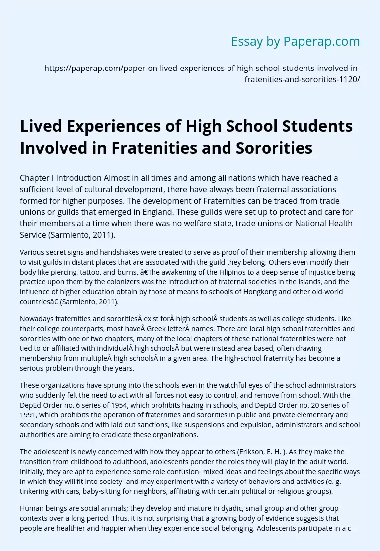 Lived Experiences of High School Students Involved in Fratenities and Sororities