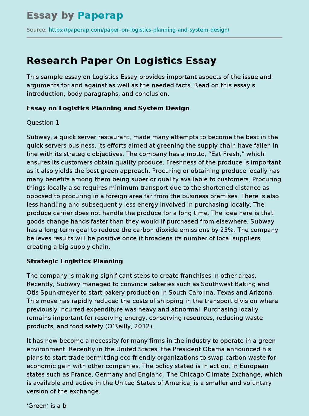 Logistics Planning and System Design
