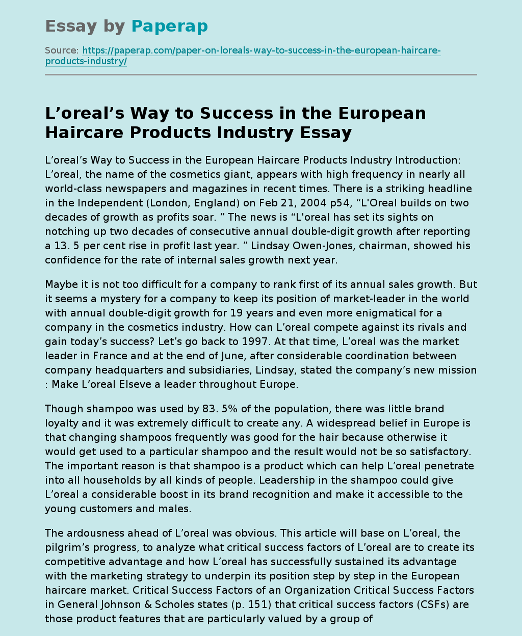 L’oreal’s Way to Success in the European Haircare Products Industry