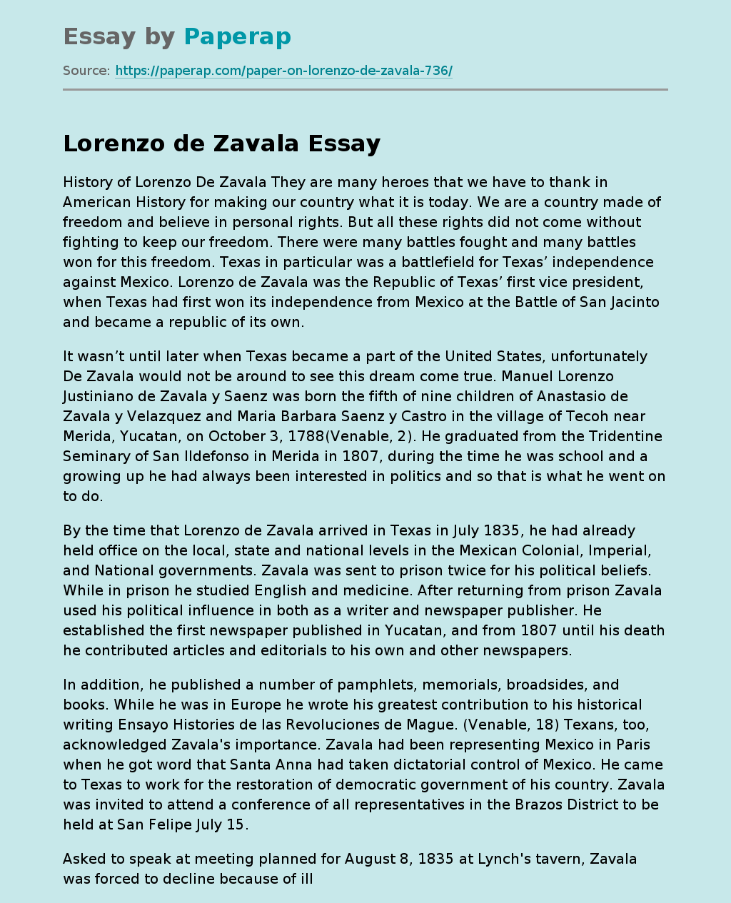 History of Lorenzo De Zavala