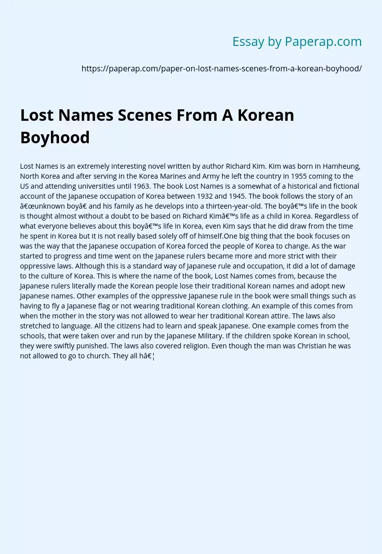 Lost Names Scenes From A Korean Boyhood