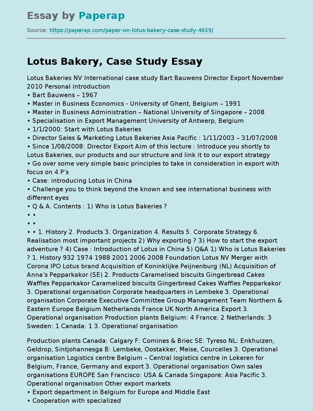 Lotus Bakery, Case Study