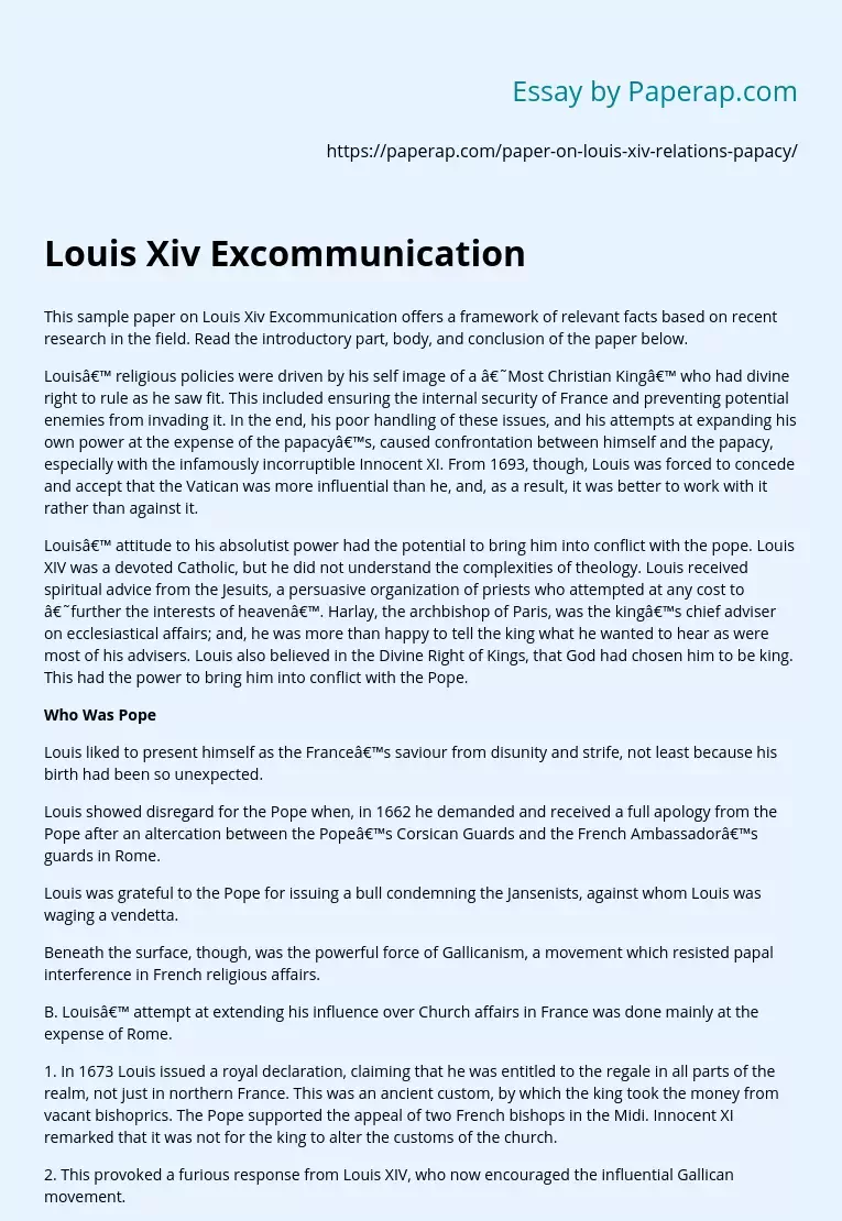 Excommunication of Louis XIV and His Religious Policy
