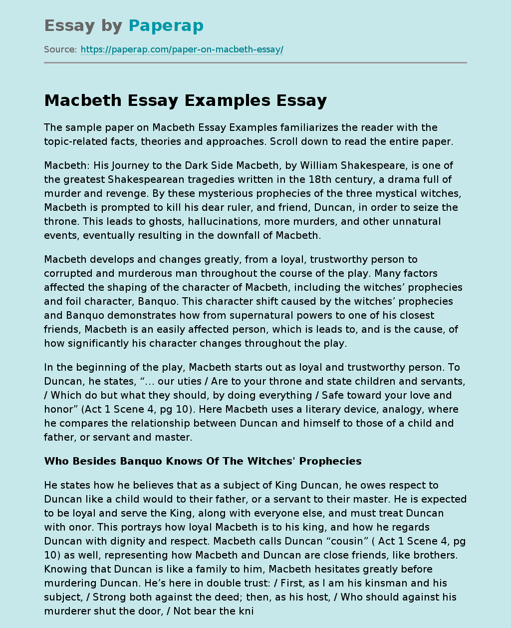 Macbeth Essay Examples