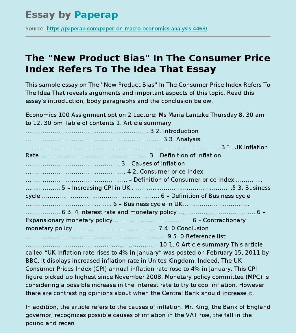 The "New Product Bias" In The Consumer Price Index Refers To The Idea That