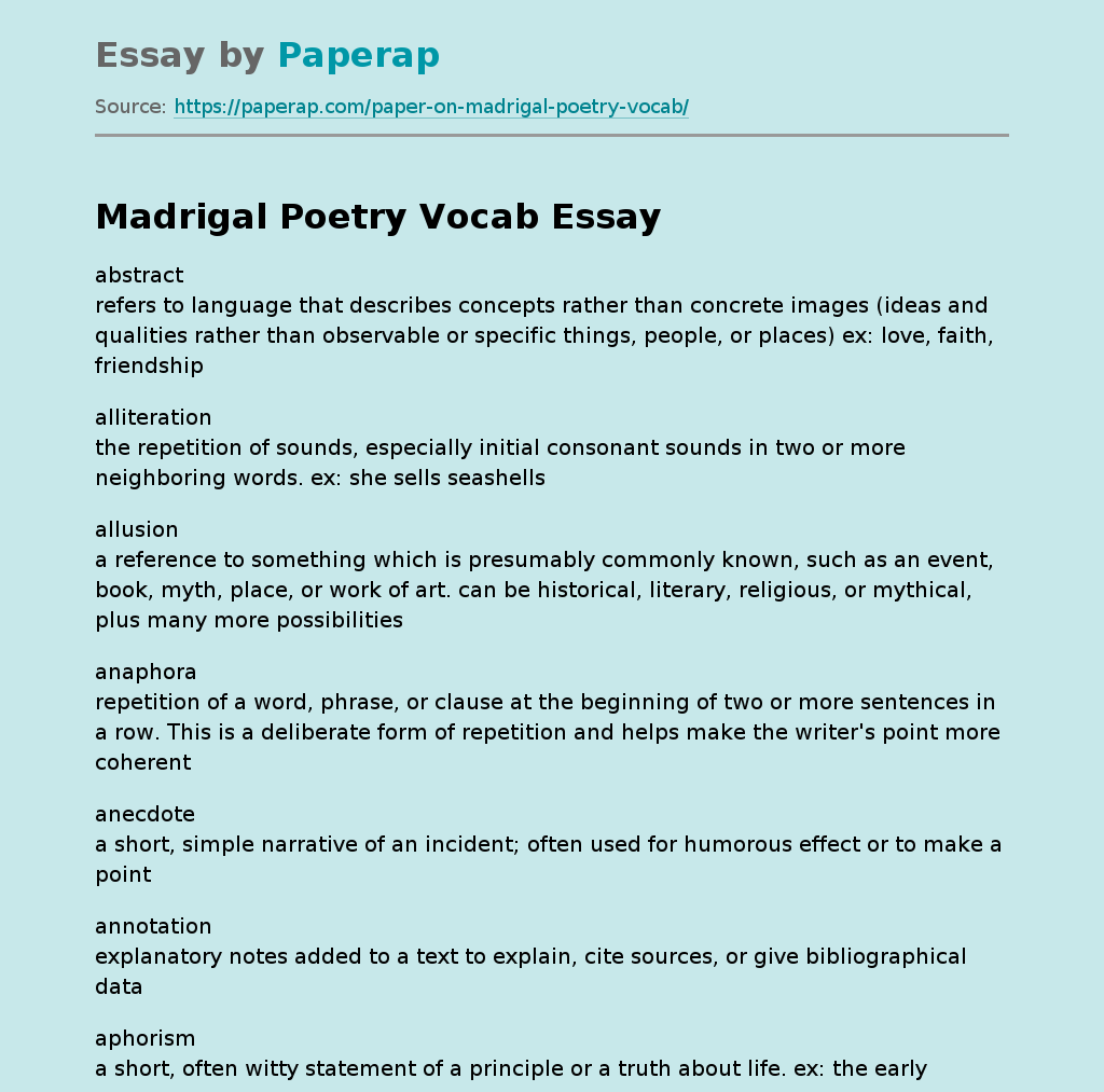 Madrigal Poetry Vocab