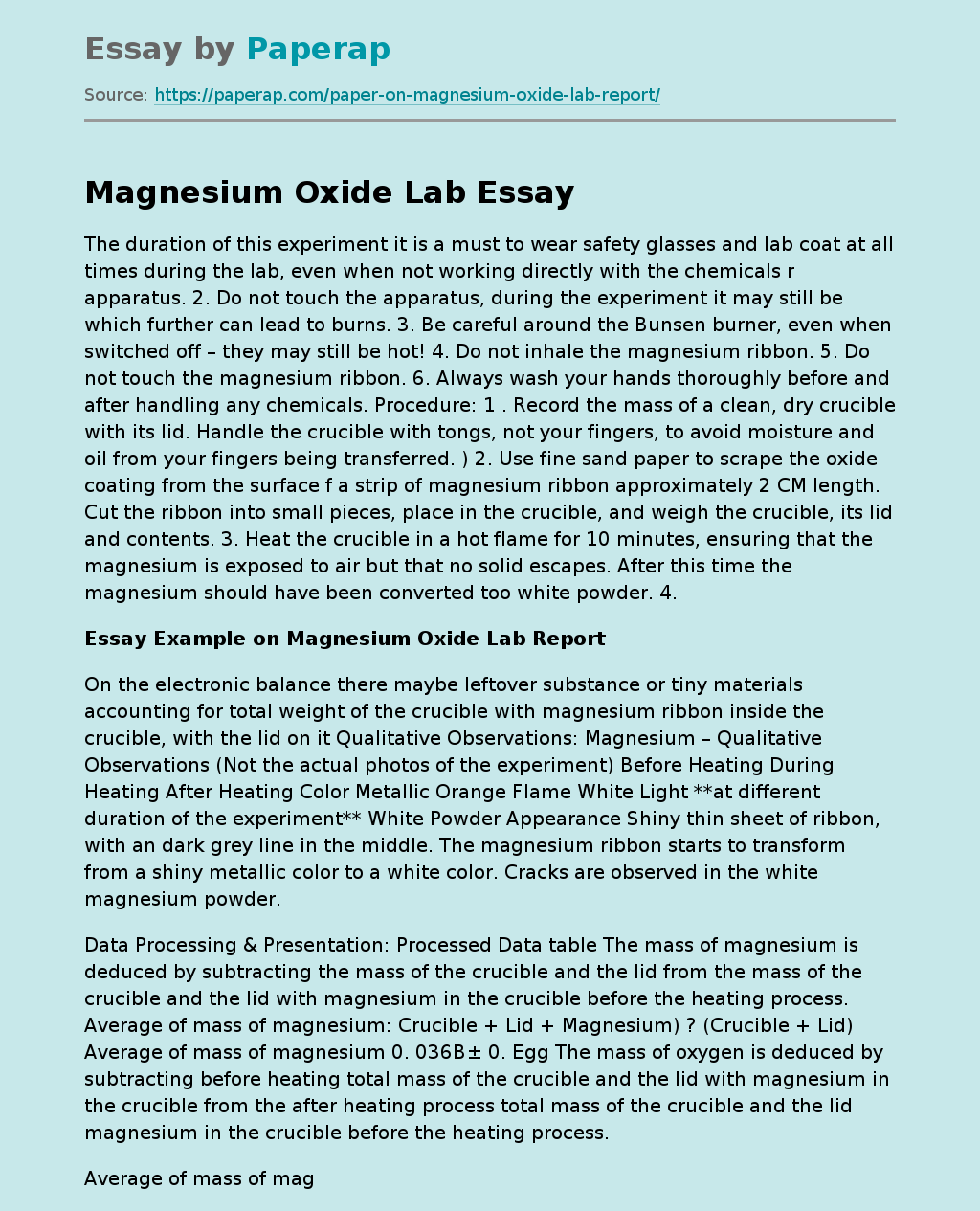 Magnesium Oxide Lab