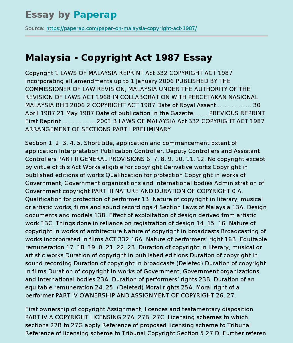 Malaysia - Copyright Act 1987