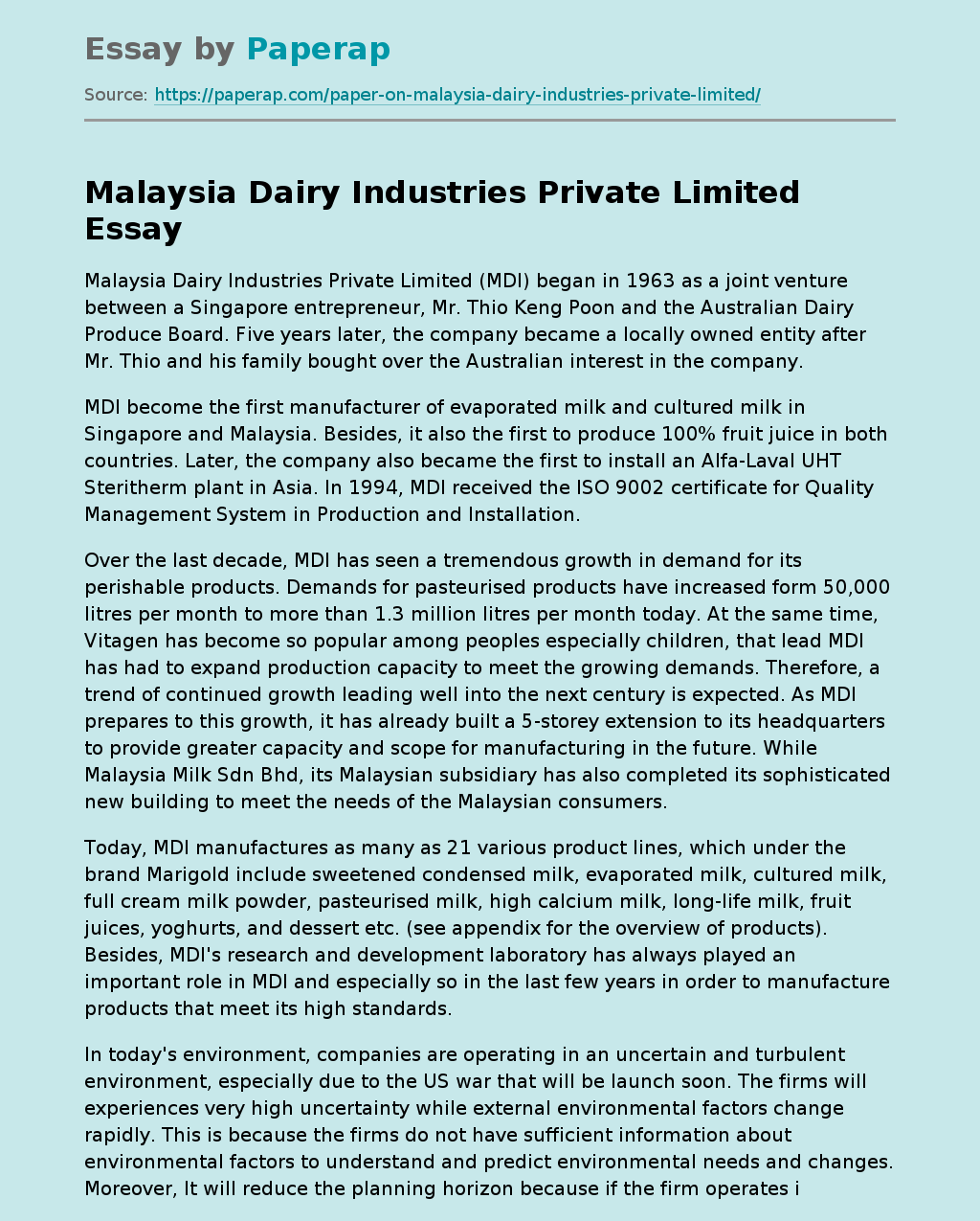 Malaysia Dairy Industries Private Limited