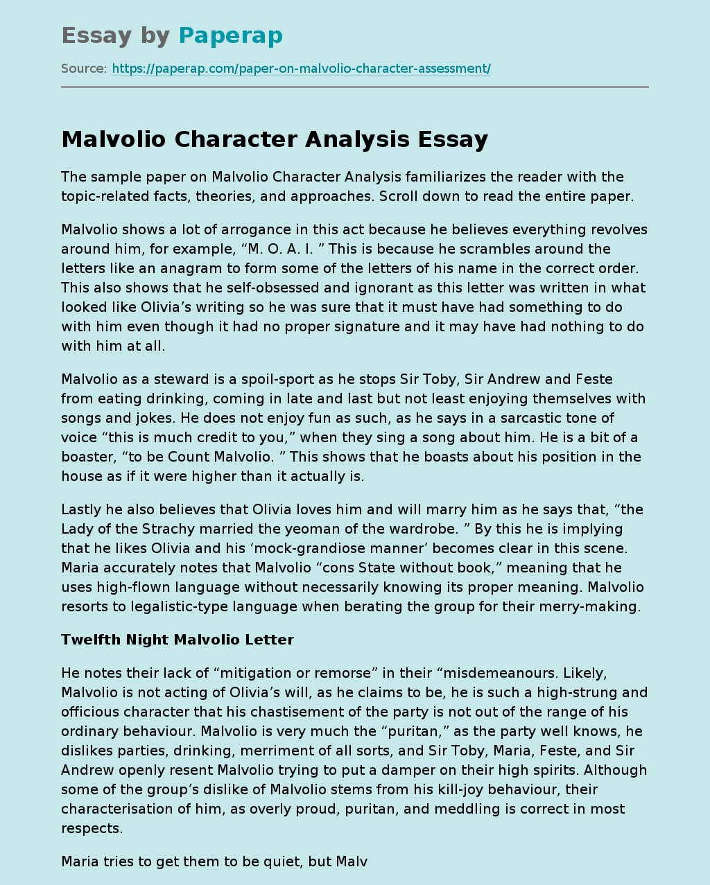 Malvolio Character Analysis