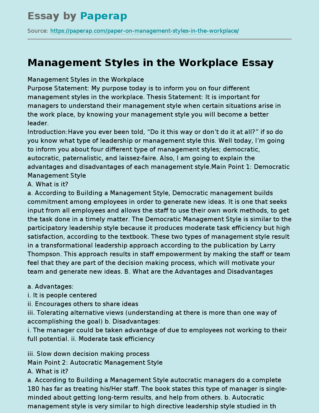 Management Styles in the Workplace