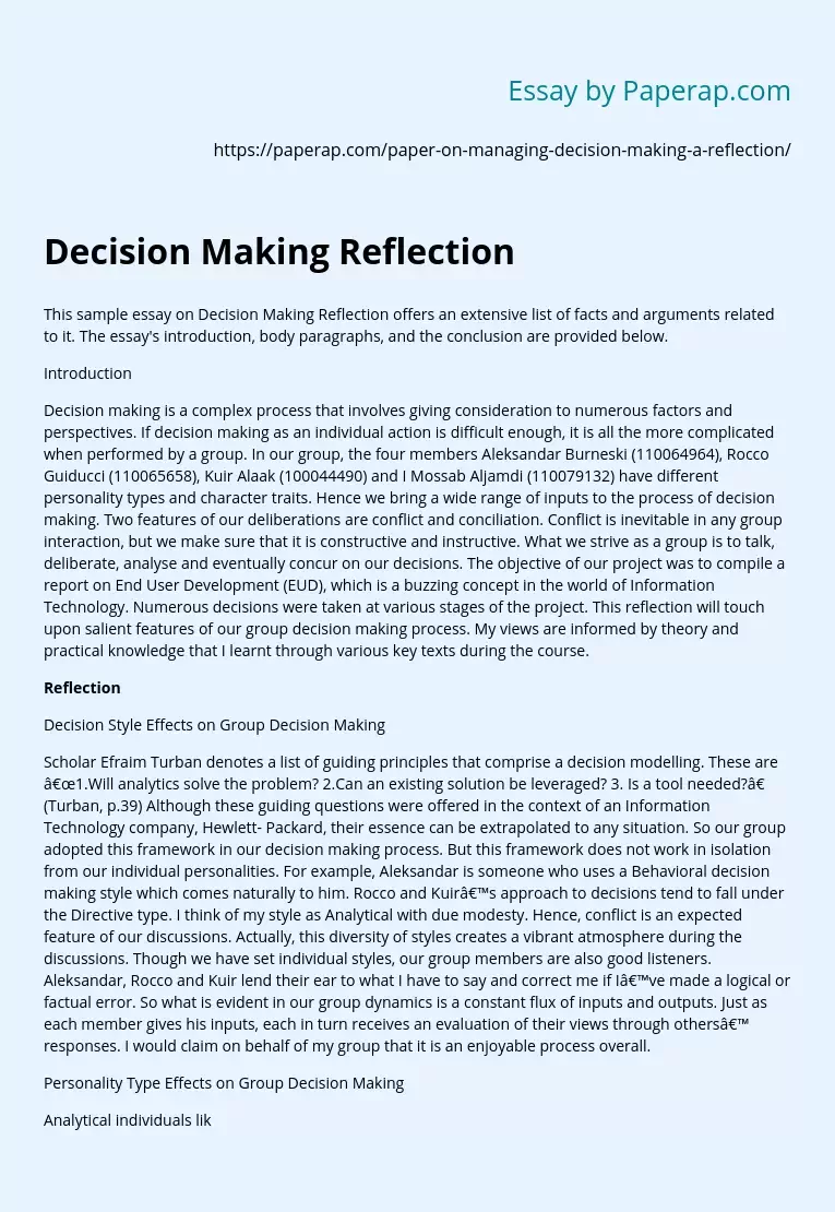decision making reflective essay