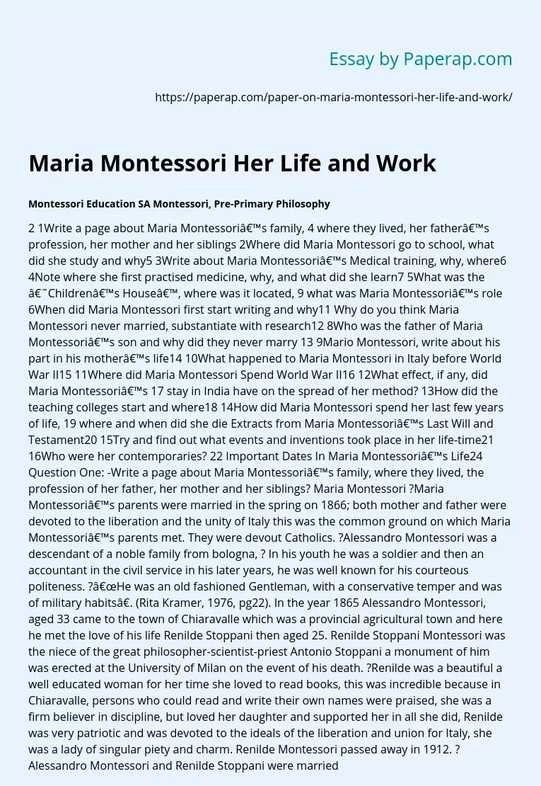 Maria Montessori Her Life and Work