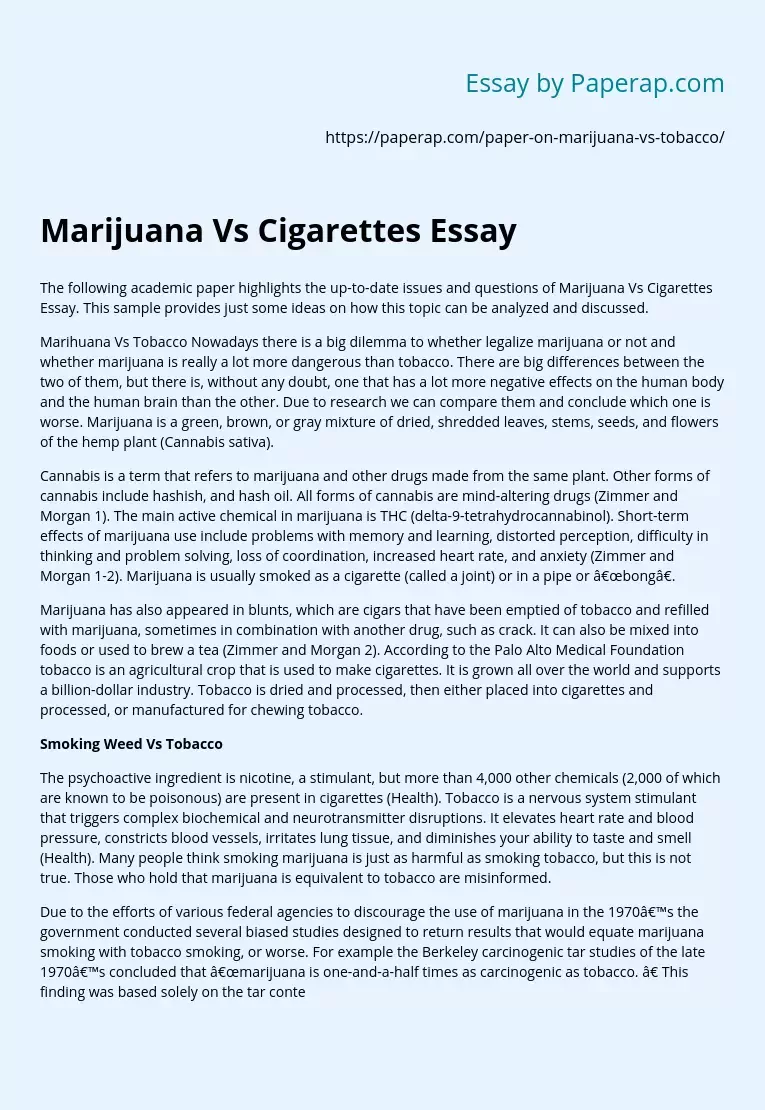 Marijuana Vs Cigarettes Essay