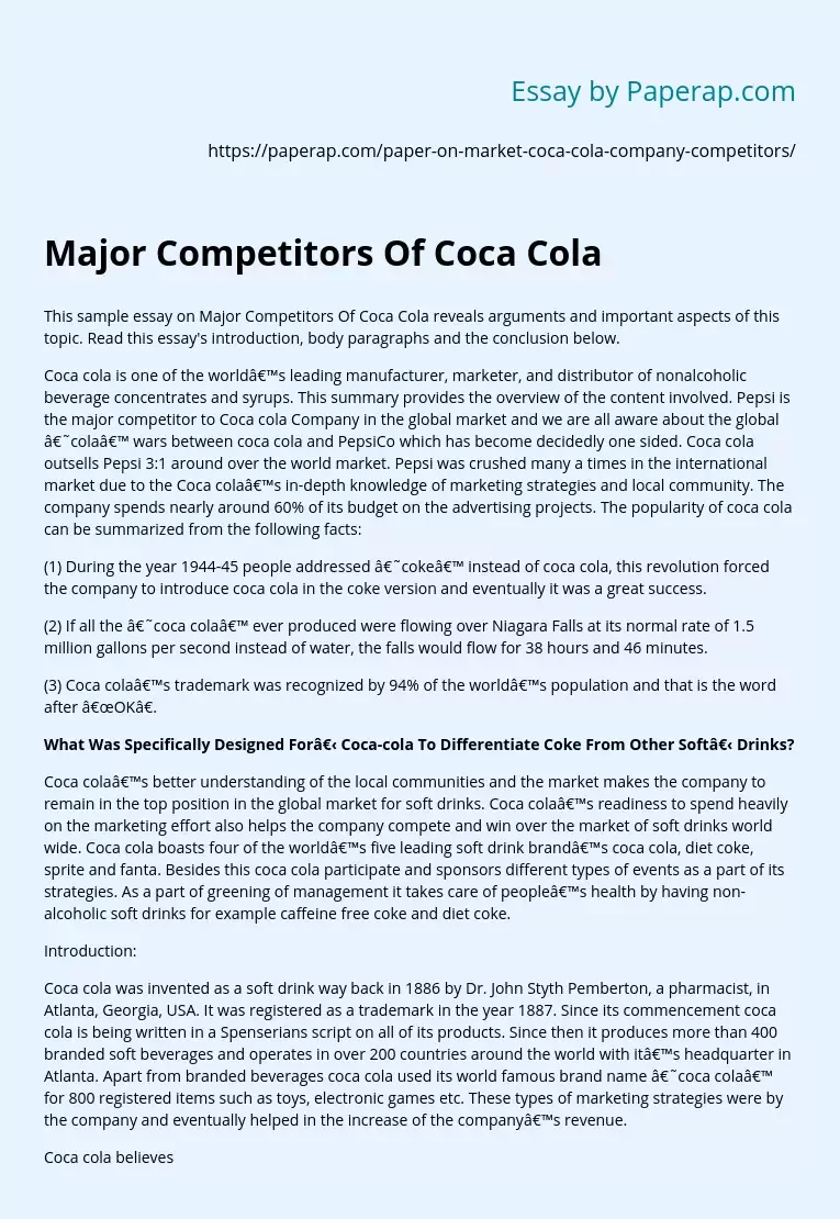 Major Competitors Of Coca Cola