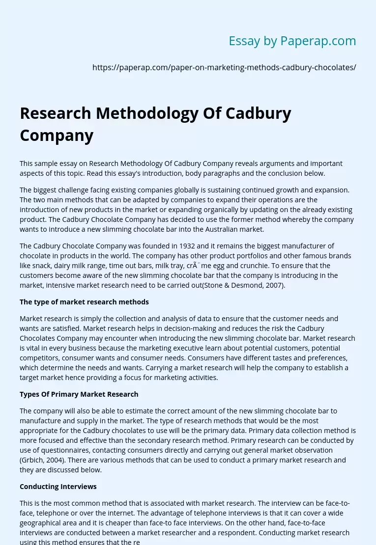 Research Methodology Of Cadbury Company