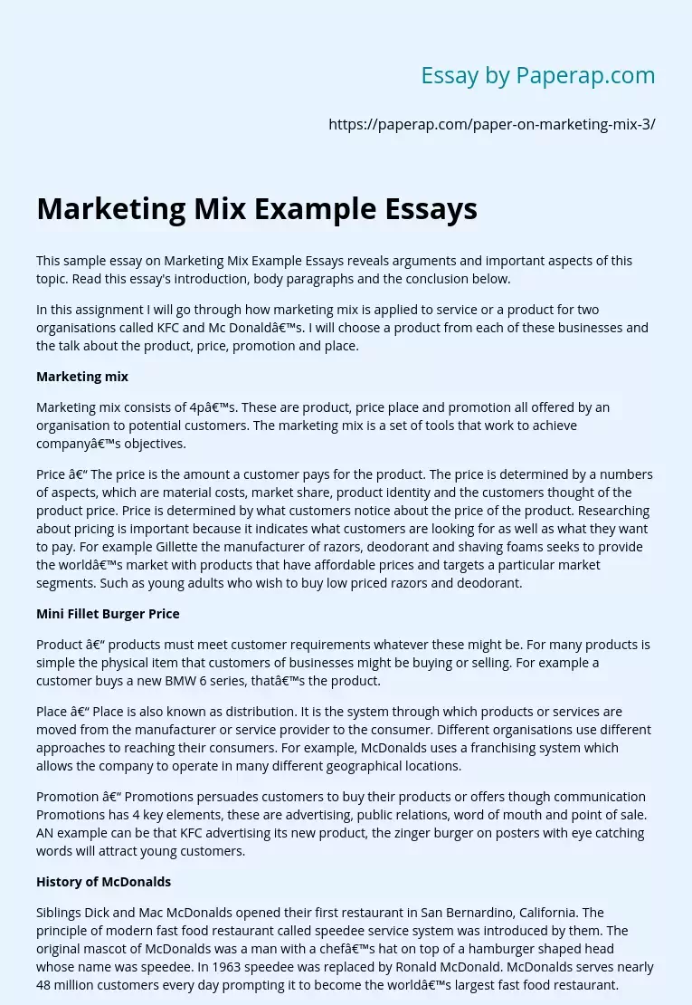 Marketing Mix Example Essays
