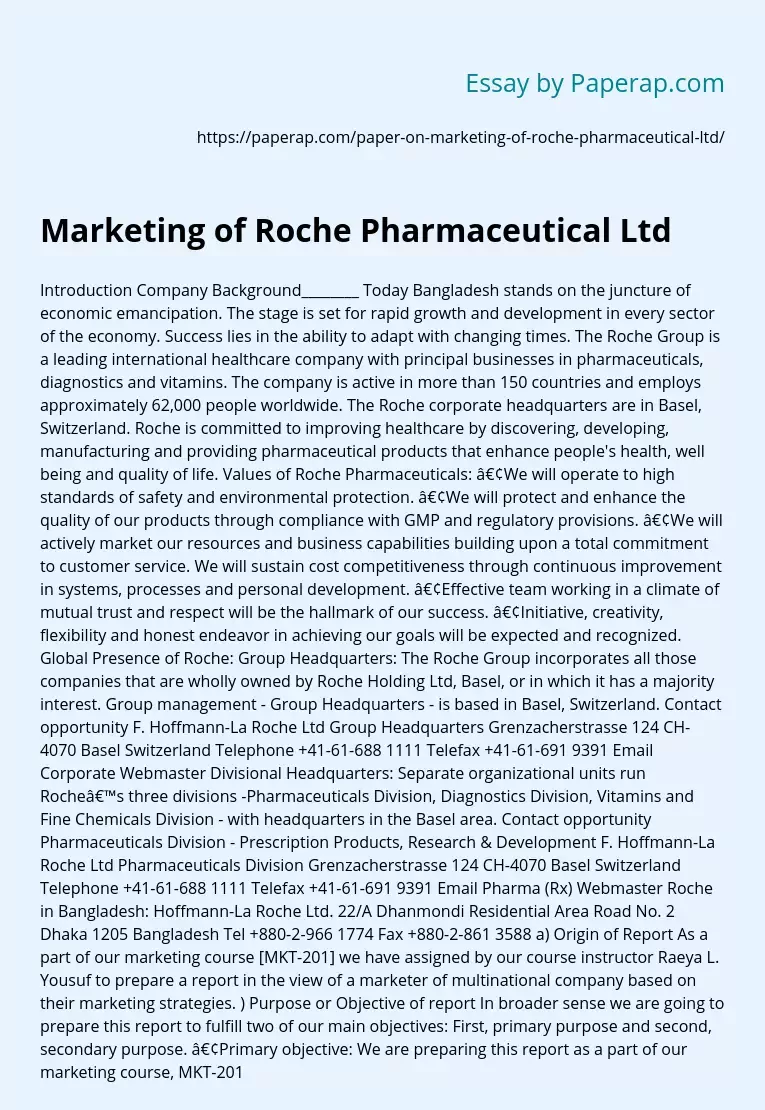 Marketing of Roche Pharmaceutical Ltd