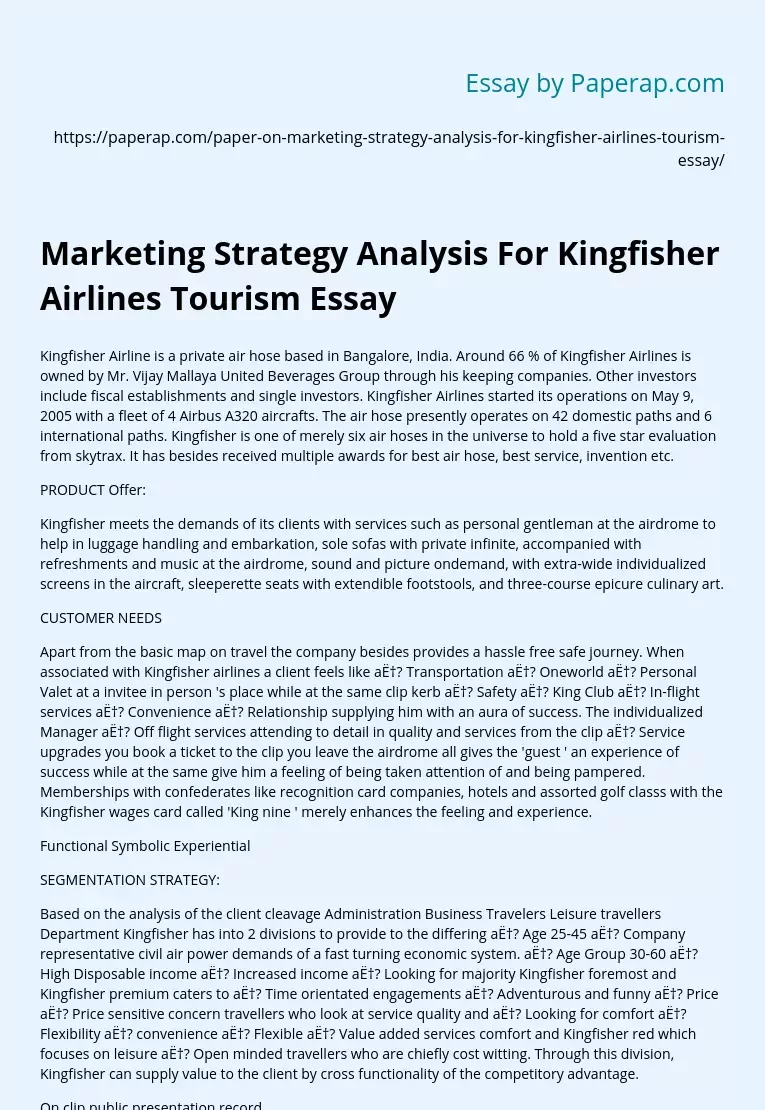 Marketing Strategy Analysis For Kingfisher Airlines Tourism Essay
