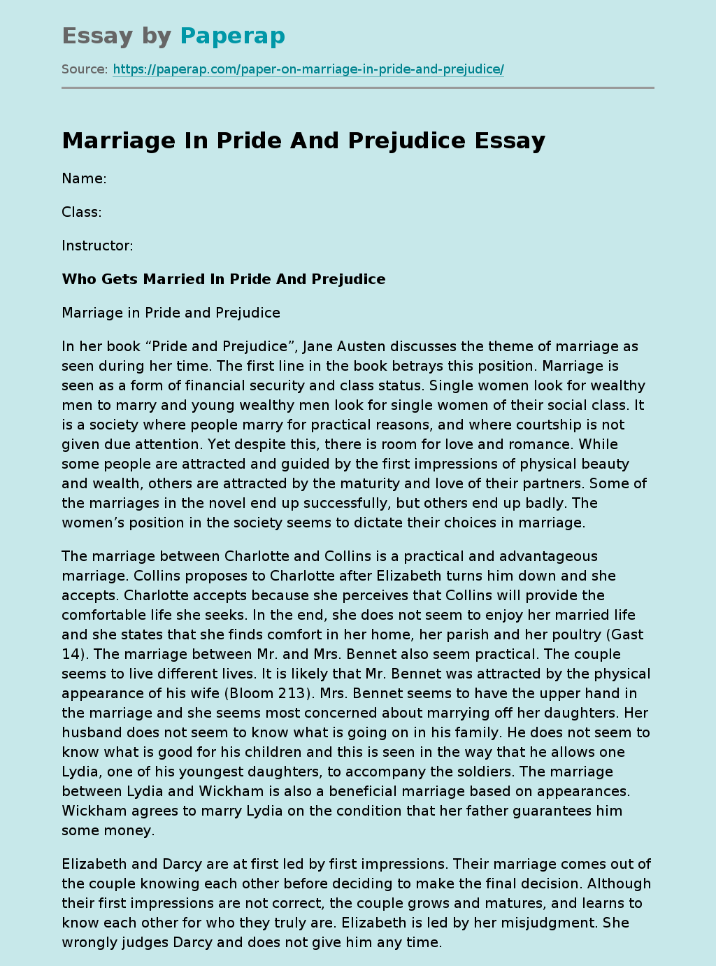 essay on marriage in pride and prejudice