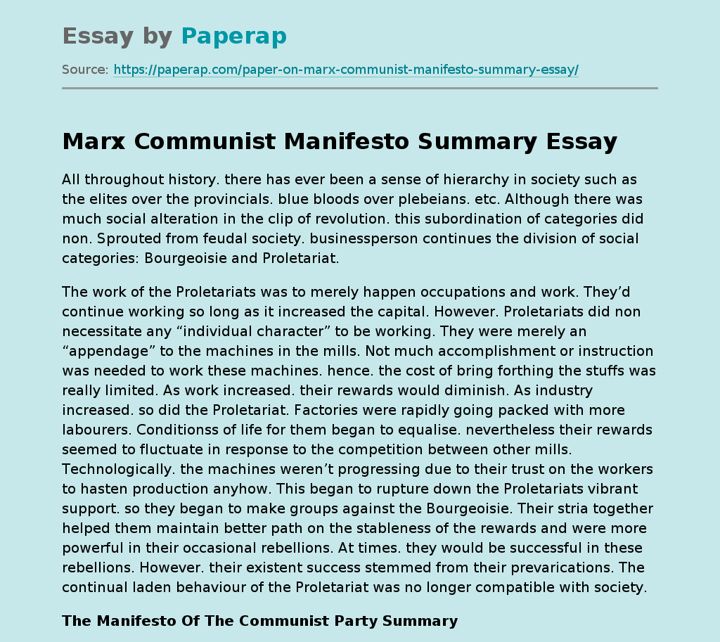 Marx Communist Manifesto Summary