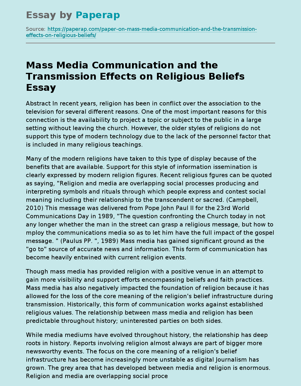 Mass Media Communication and the Transmission Effects on Religious Beliefs