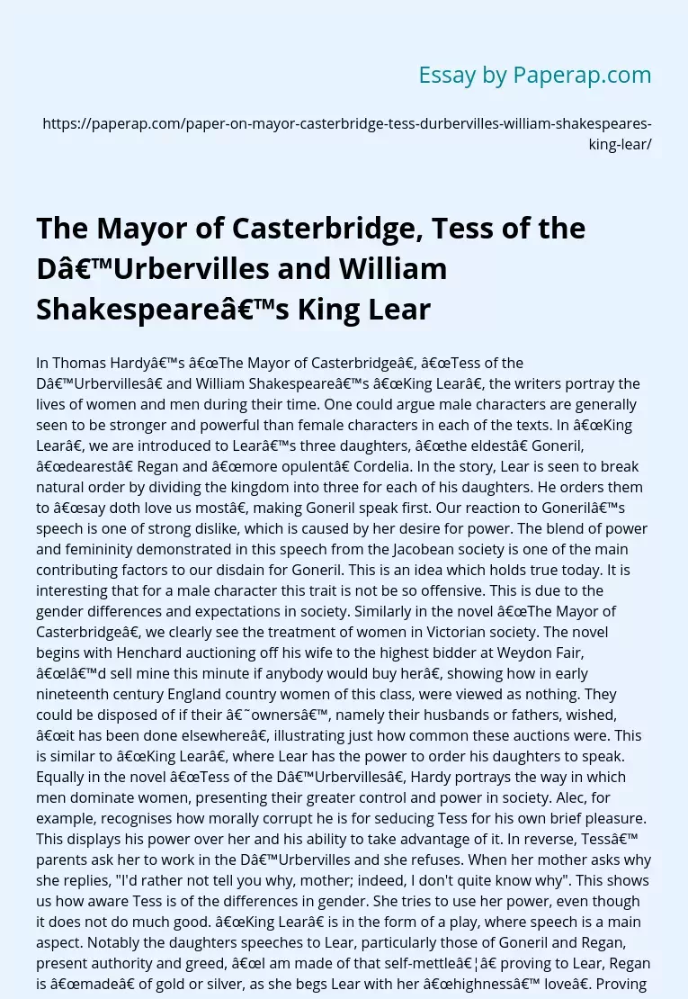 The Mayor of Casterbridge, Tess of the D’Urbervilles and William Shakespeare’s King Lear