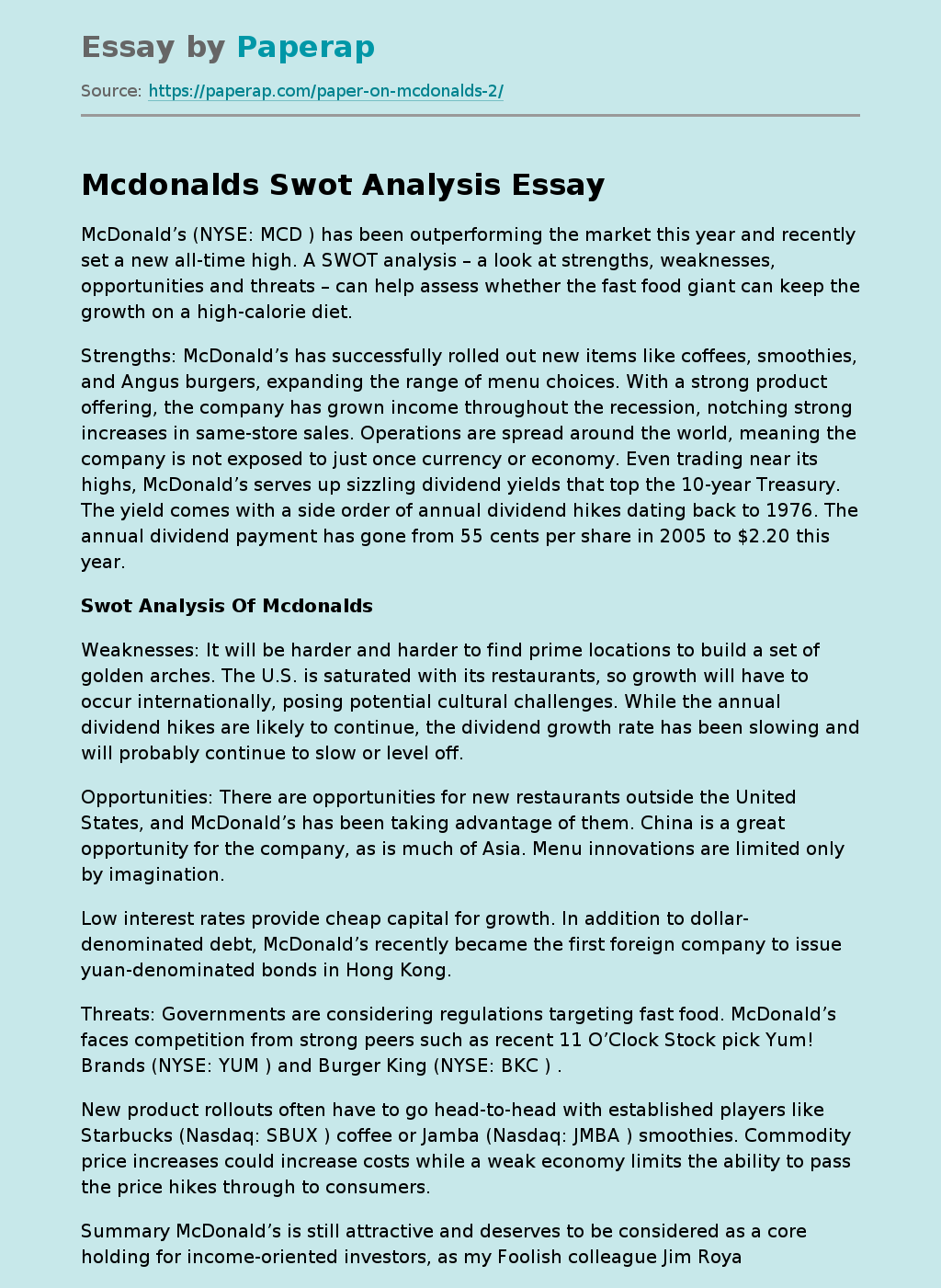 Mcdonalds Swot Analysis
