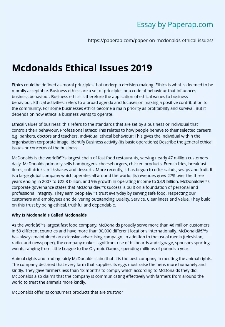 Mcdonalds Ethical Issues 2019
