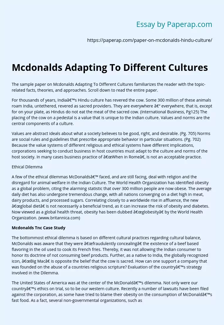 Mcdonalds Adapting To Different Cultures