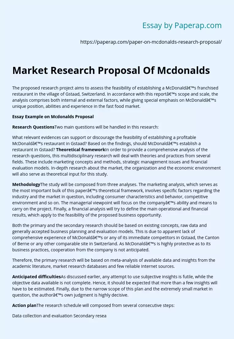 Market Research Proposal Of Mcdonalds