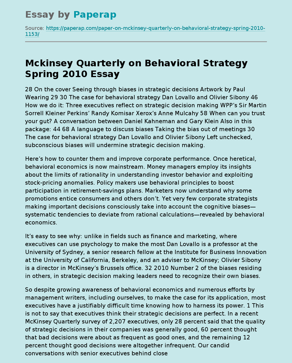 Mckinsey Quarterly on Behavioral Strategy Spring 2010