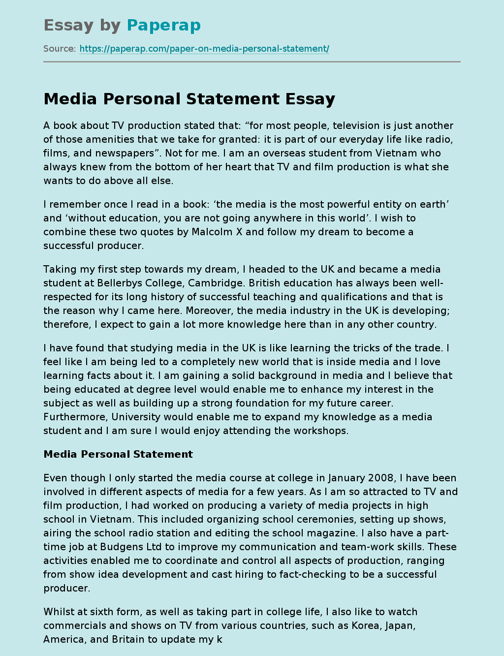 media ma personal statement