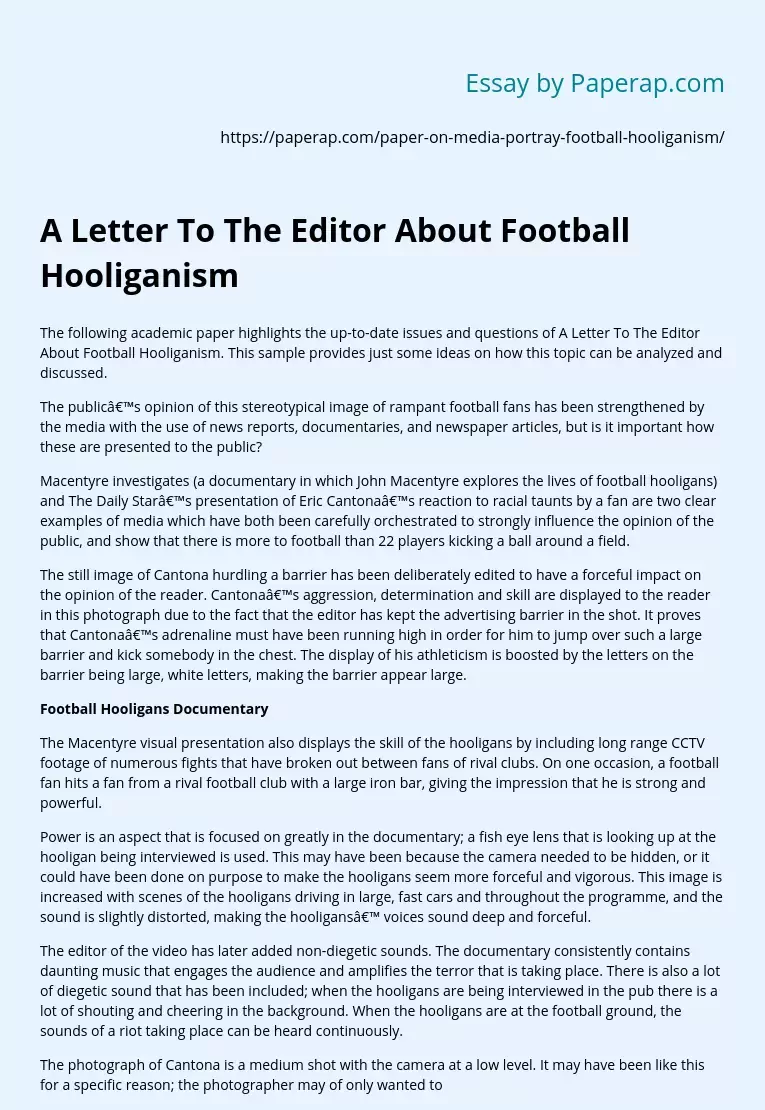 A Letter To The Editor About Football Hooliganism