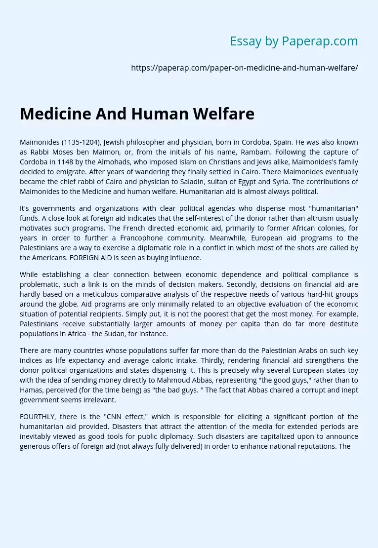 Medicine And Human Welfare: Humanitarian Aid