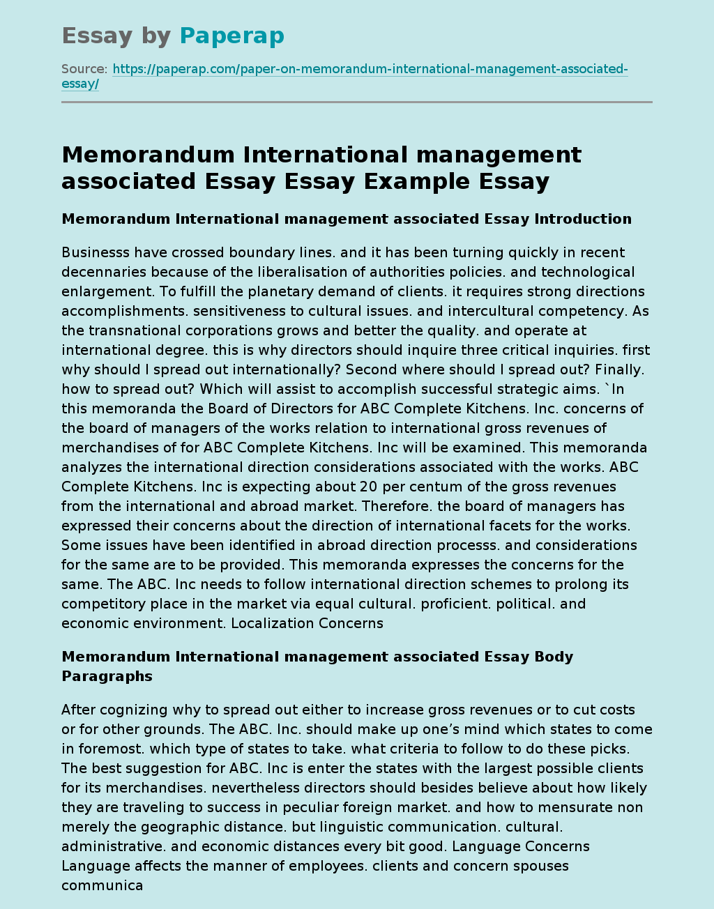 Memorandum International Management Associated Essay