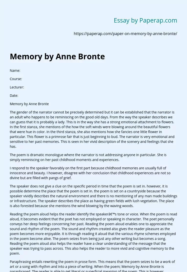 Memory by Anne Bronte
