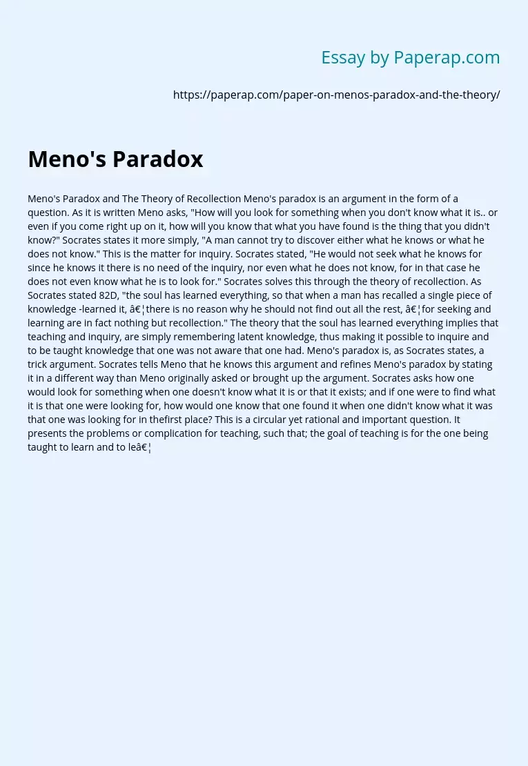 Meno's Paradox & Recollection Theory