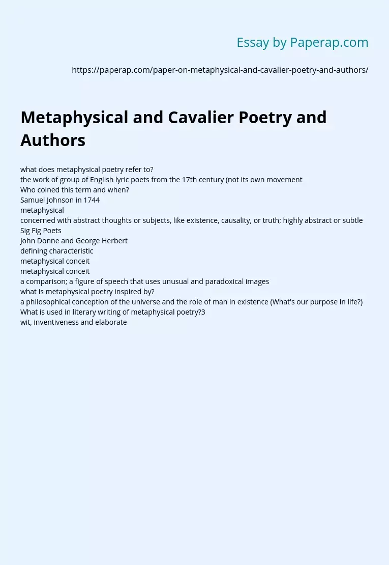 Metaphysical and Cavalier Poetry and Authors