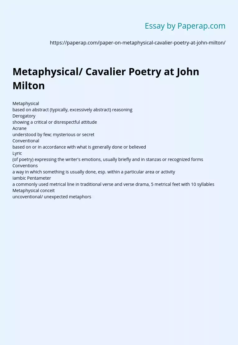 Metaphysical/ Cavalier Poetry at John Milton