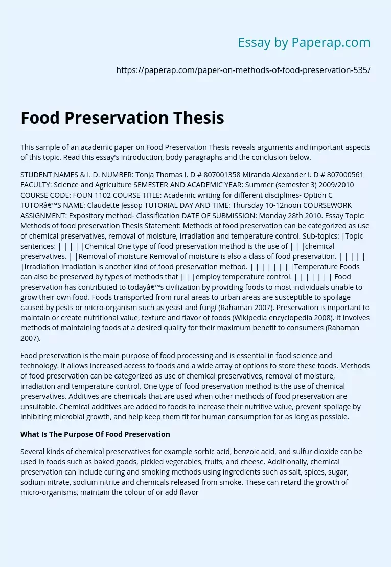 Food Preservation Thesis