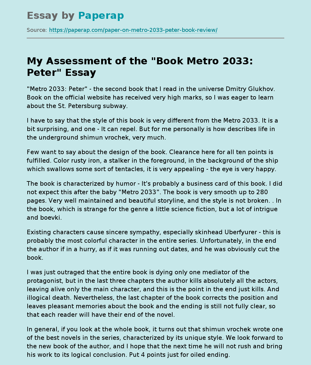 My Assessment of the "Book Metro 2033: Peter"