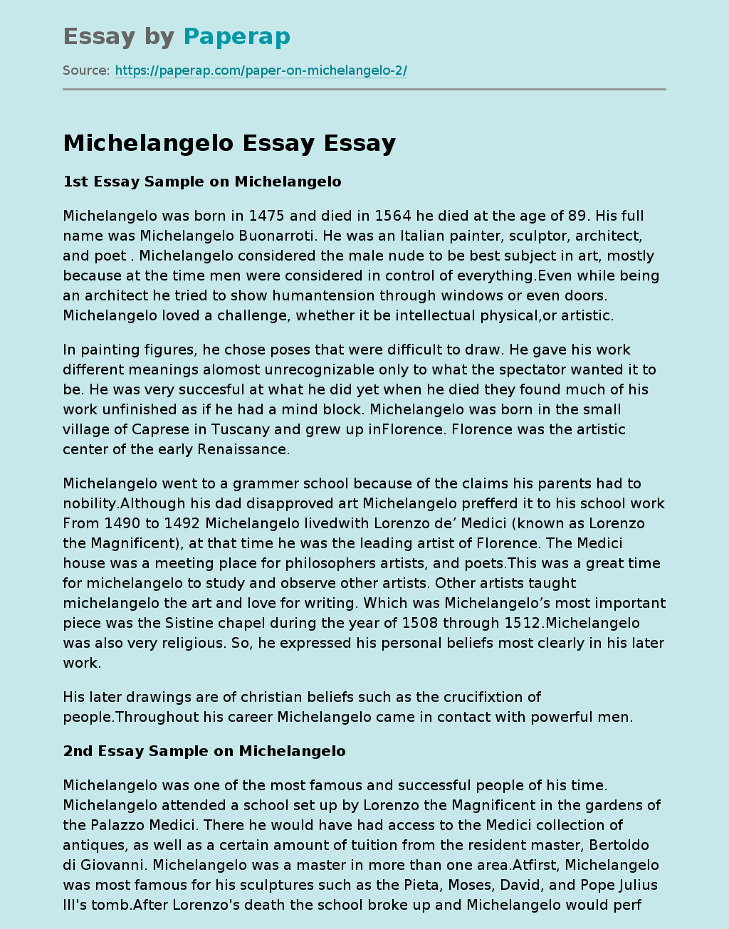 one page essay on michelangelo