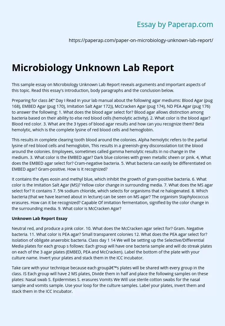 Microbiology Unknown Lab Report