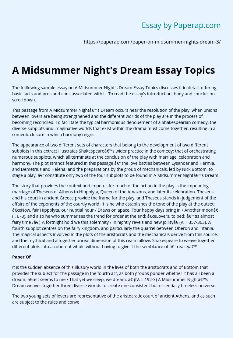 A Midsummer Night's Dream Essay Topics