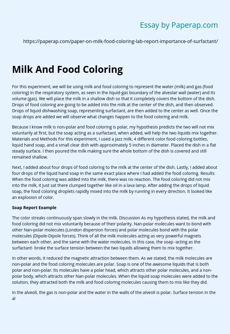 Milk And Food Coloring Report Example